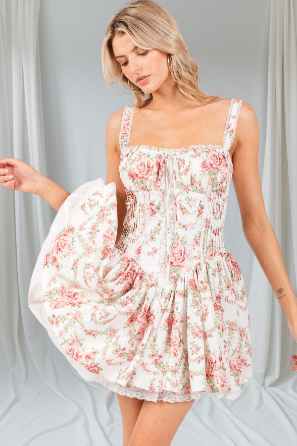 knee length dresses for ladies PAINTING THE ROSES RED BUBBLE MINI DRESS WITH CORSET – AKIRA main image 0